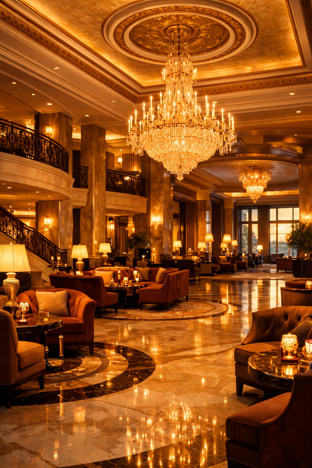 Luxuriöse Hotellobby mit goldenem Kronleuchter